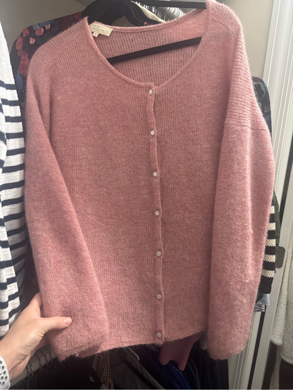 Sezane Rose-Pink Pearl Button Knit Cardigan
